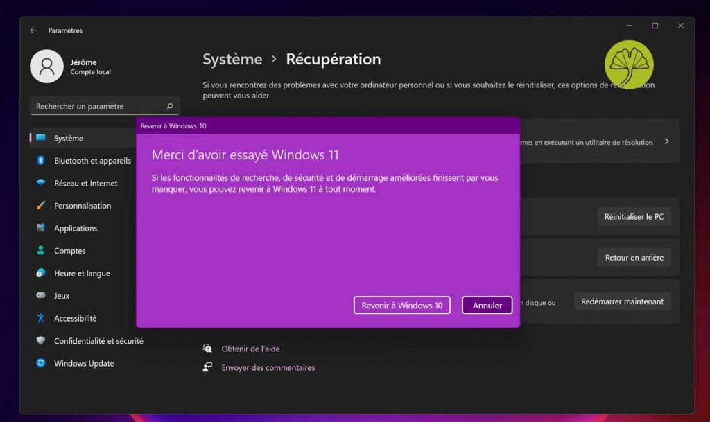 Windows 11 et l’option « Revenir à Windows 10 »