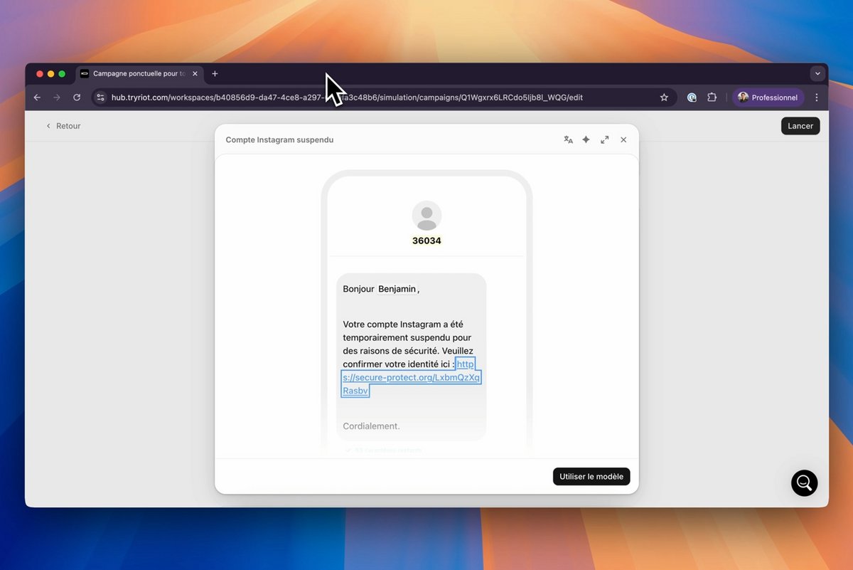 Voici l'un des SMS piégés que Riot peut envoyer à ses clients, pour sensibiliser les salariés aux dangers du phishing par SMS © Riot