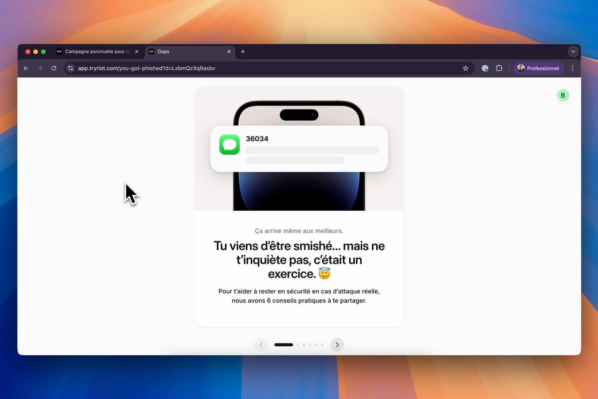 Voici ce qui s'affiche une fois qu'un utilisateur a été piégé par Riot, qui va ensuite le guider étape par étape vers une meilleure hygiène cyber © Riot